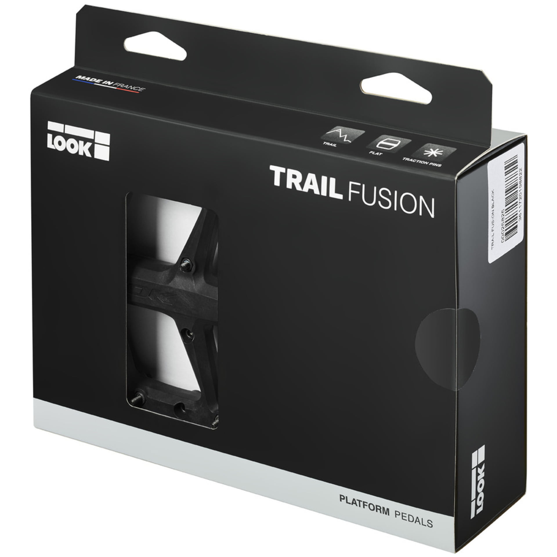 Bild der Blackbox-Verpackung für Look Trail Fusion schwarze Plattformpedale. Die Verpackung zeigt das Look-Logo in der oberen linken Ecke, zeigt deutlich sichtbar „TRAIL FUSION“ in großer Schrift und verfügt über ein klares Fenster, durch das man die Pedale im Inneren sehen kann. Ideale Ergänzung für das Inventar Ihres Fahrradladens oder Online-Fahrradladens.