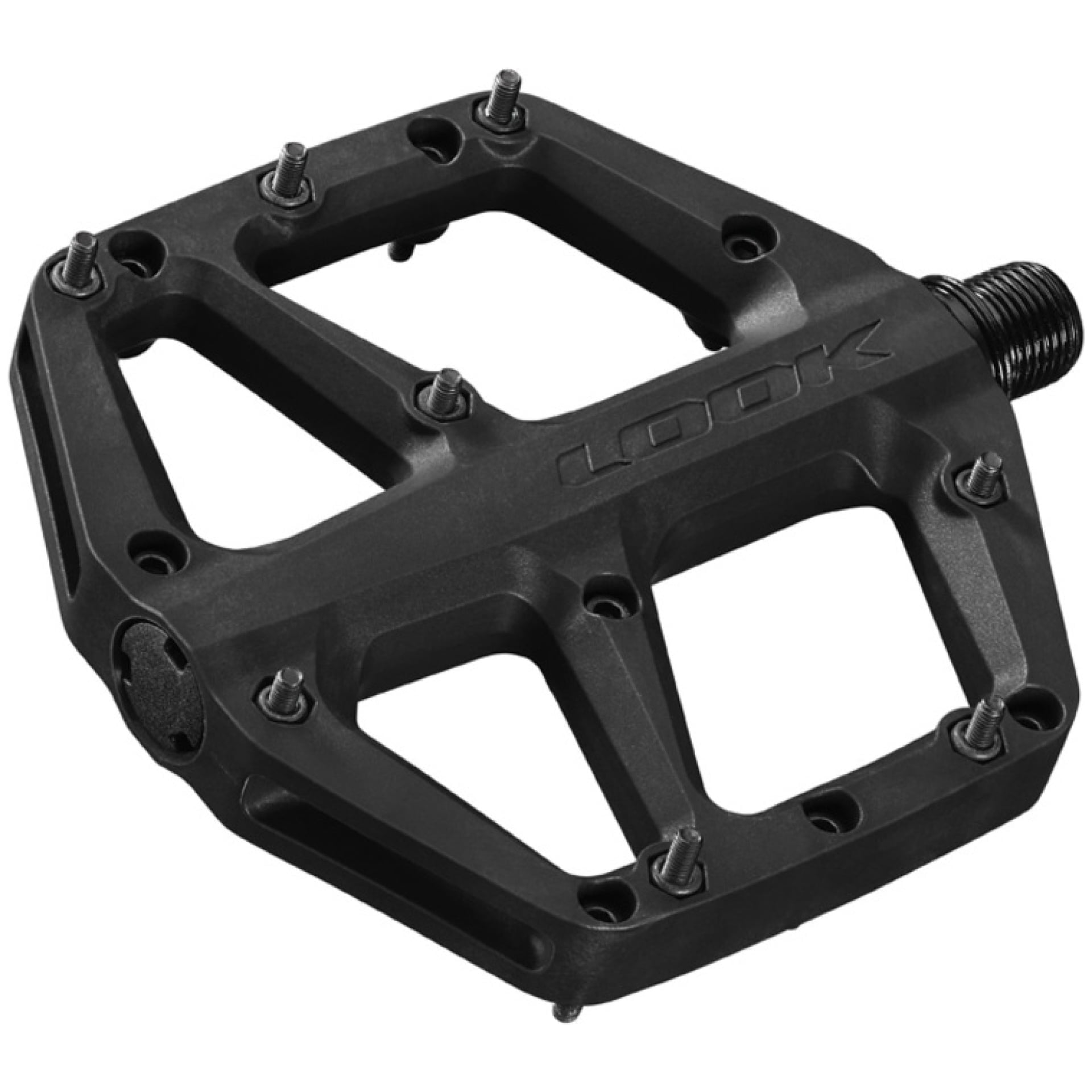 Das schwarze Mountainbike-Pedal Look Trail Fusion von „LOOK“ verfügt über eine große, flache Plattform mit mehreren Metallstiften für den Halt. Sein robustes, offenes Design umfasst sichtbare Befestigungslöcher und eine Gewindespindel. Dieses Pedal ist im Lucas Bike Shop erhältlich und perfekt für jeden ernsthaften Radfahrer.