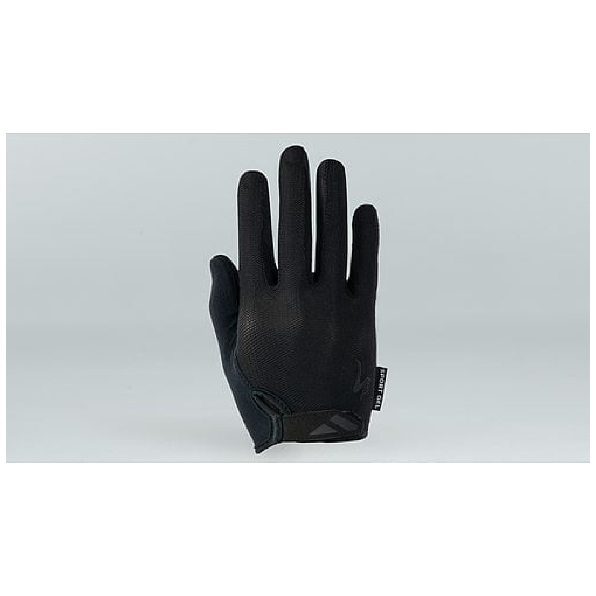 Ein einzelner BG SPORT GEL GLOVE LF in Schwarz mit einfachem Design steht aufrecht vor einem schlichten, hellgrauen Hintergrund. Dieser von Lucas Bike vertriebene Handschuh hat einen Verschlussriemen am Handgelenk und scheint aus dehnbarem, atmungsaktivem Material zu bestehen.