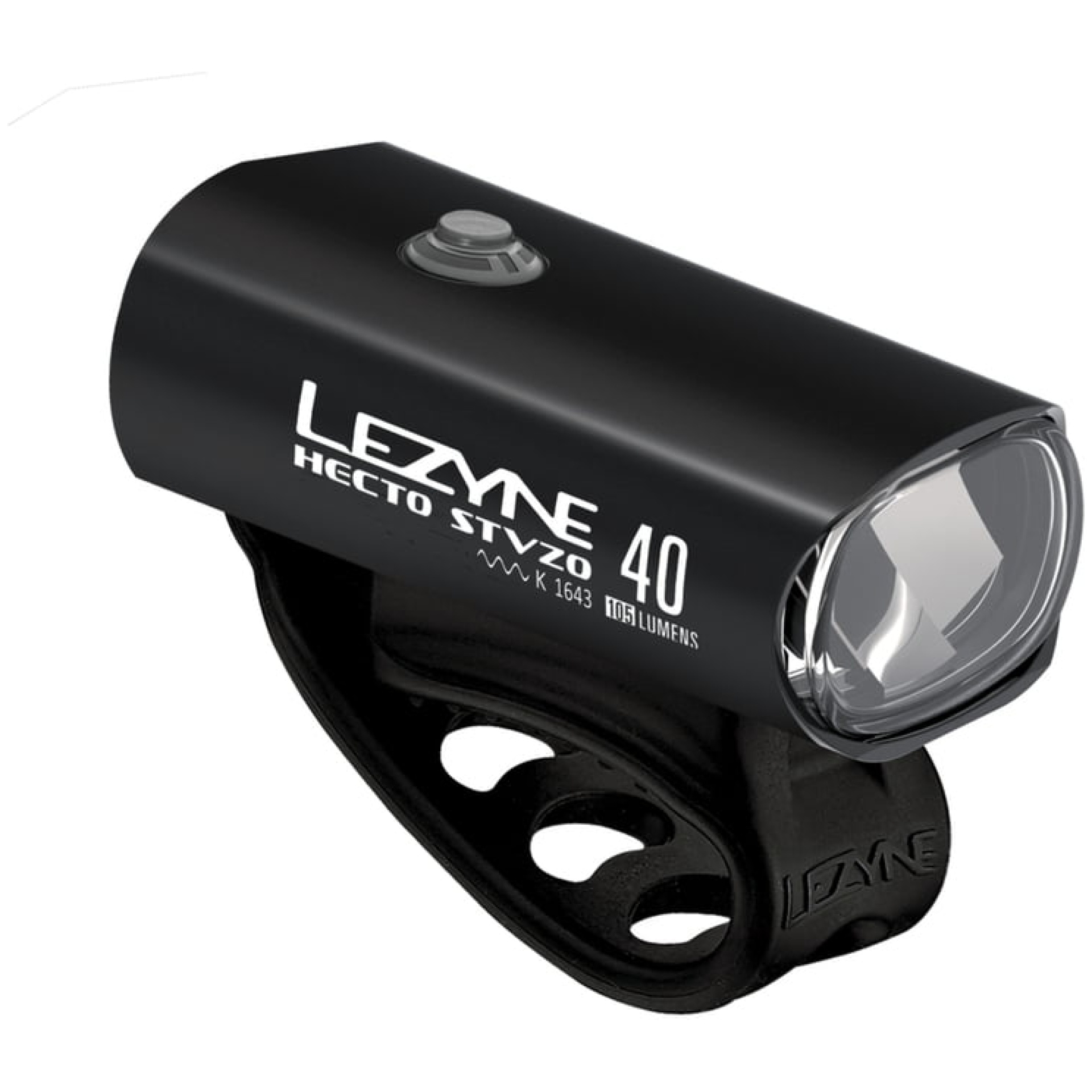 Ein schwarz-weißes Lezyne Hecto Drive 40 StVZO-Fahrradlicht mit kompaktem, robustem Design. Es ist in unserem Online-Fahrradshop erhältlich und verfügt über eine klare Linse und einen großen Knopf oben. Es ist an einem Silikonband befestigt, sodass Sie es ganz einfach an Ihrem Fahrrad befestigen können. Der Produkt- und Markenname sind auf der Seite des Lichts aufgedruckt.