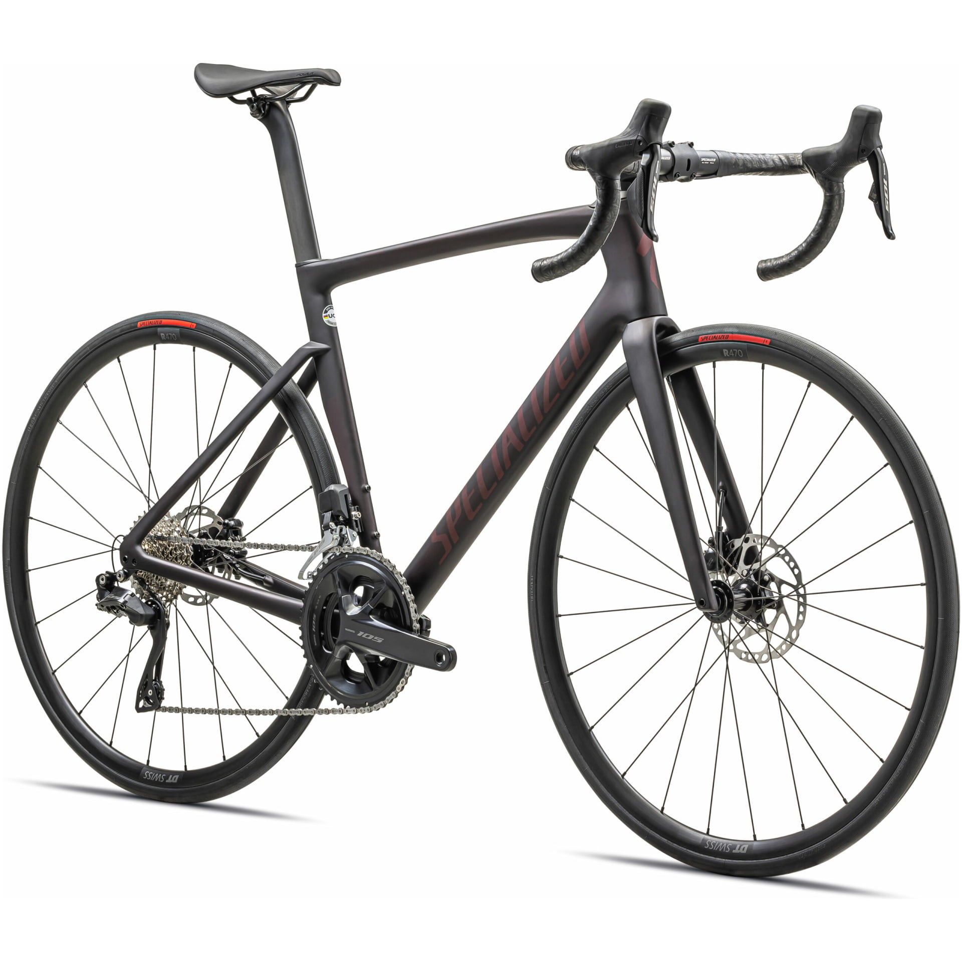 Das Specialized Tarmac SL7 Comp ist ein elegantes, schwarzes Rennrad mit gebogenem Rennlenker und dünnen Rädern. Sein stromlinienförmiger und aerodynamischer Rahmen macht es perfekt für Geschwindigkeitsbegeisterte. Ausgestattet mit Scheibenbremsen und einem Kettenantrieb ist dieses Fahrrad ab sofort in unserem Online-Fahrradshop erhältlich. Auf dem Rahmen und den Felgen sind deutlich Markenmarkierungen angebracht.