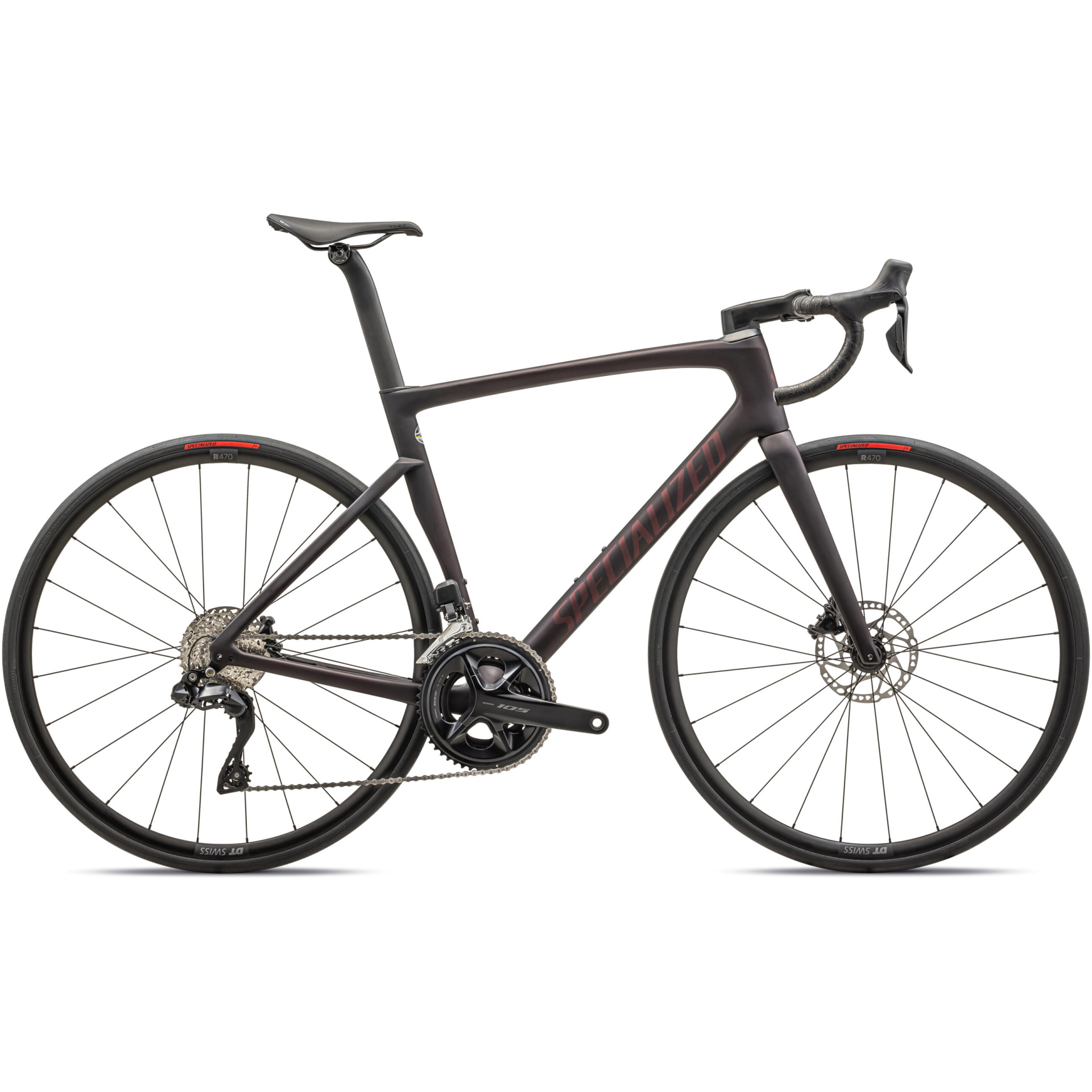 Entdecken Sie das Specialized Tarmac SL7 Comp in unserem Fahrradladen – ein elegantes schwarzes Rennrad mit Rennlenker, leichtem Rahmen und dünnen Reifen, die für Geschwindigkeit auf befestigten Oberflächen ausgelegt sind. Dieses Hochleistungsrad verfügt über eine Shimano-Gruppe und Scheibenbremsen, wobei die Marke „Specialized“ deutlich auf dem Rahmen zu sehen ist.