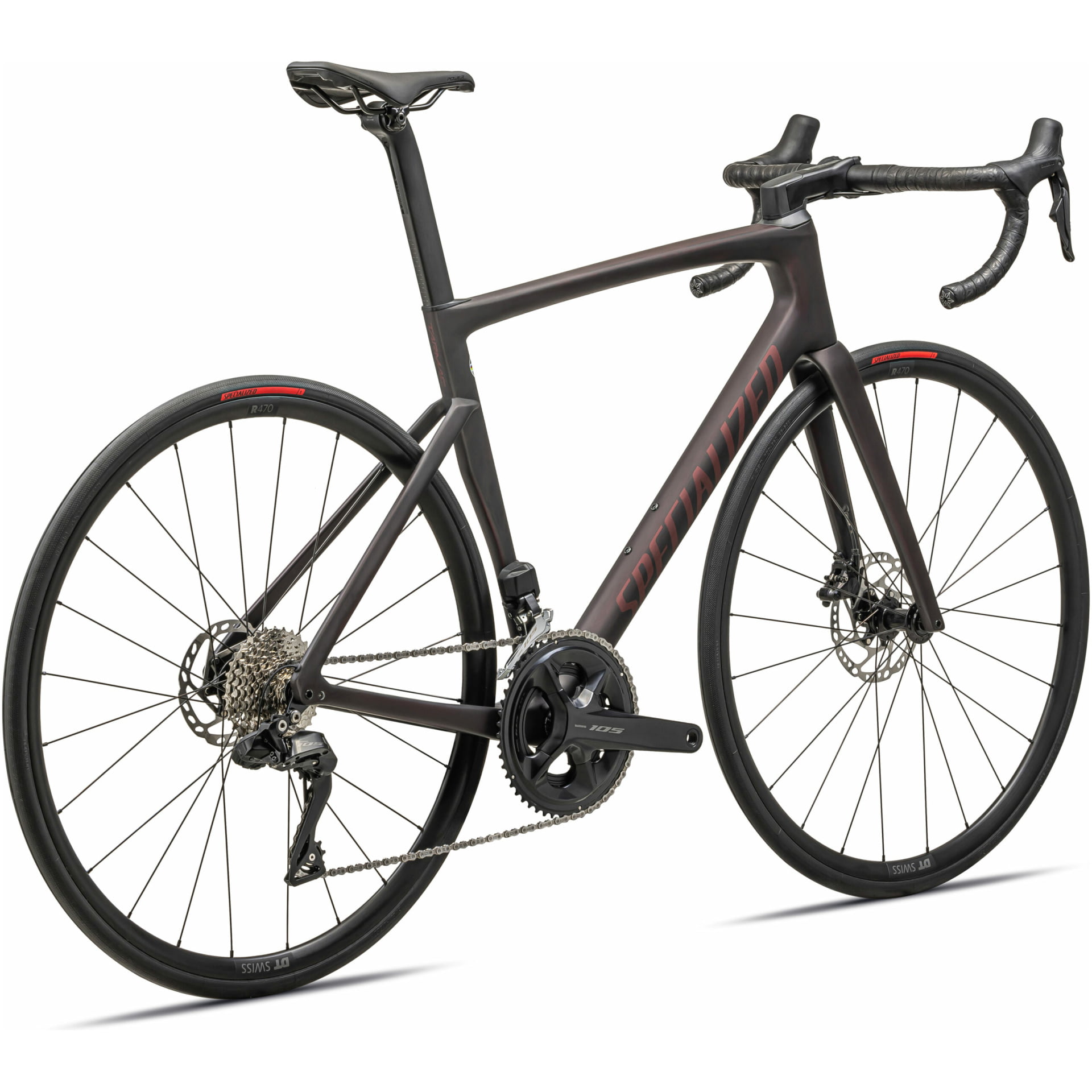 Das Specialized Tarmac SL7 Comp ist ein schwarzes Rennrad mit einem schlanken, aerodynamischen Rahmen, Rennlenker und einer Kurbelgarnitur mit zwei Kettenblättern. Dieses Fahrrad verfügt über dünne Reifen, Scheibenbremsen und detaillierte Komponenten, die sein Hochleistungsdesign betonen. Der Markenname ist auf dem Rahmen sichtbar und es ist in Ihrem bevorzugten Fahrrad-Onlineshop erhältlich.