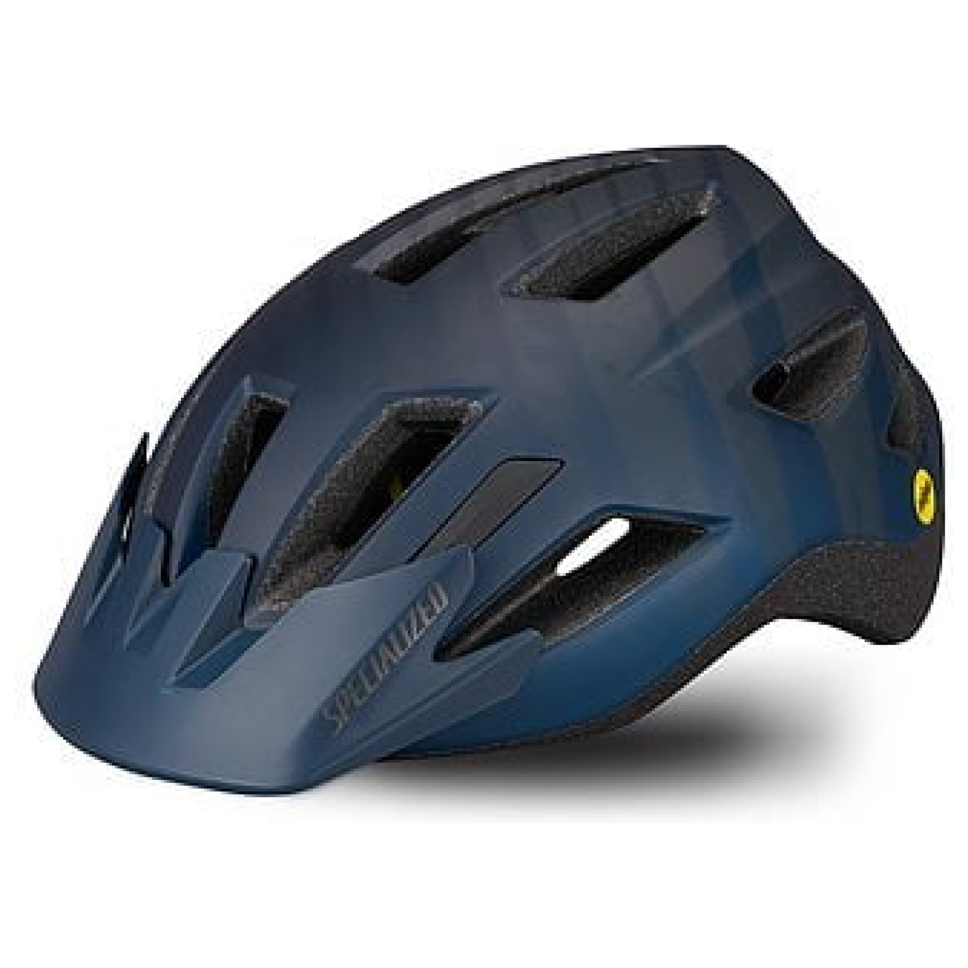 Wir präsentieren den SHUFFLE LED SB HLMT MIPS CE CSTBLUMET WILD YTH: einen dunkelblauen, aerodynamischen Fahrradhelm mit mehreren Belüftungsschlitzen und einem schlanken Design. Der Helm trägt stolz den Markennamen „Specialized“ auf der Vorderseite, ist mit einem unteren Kinnschutz ausgestattet und verfügt über ein schwarzes gepolstertes Innenfutter für zusätzlichen Komfort und Schutz. Ab sofort im Online-Fahrradshop von Lucas Bike erhältlich.