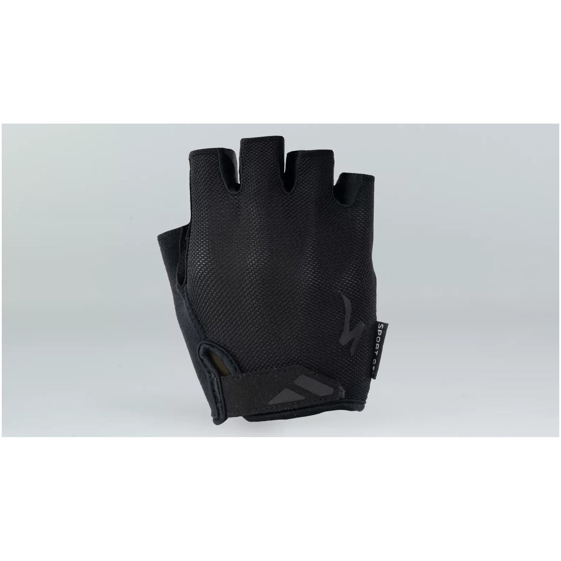 Ein einzelner schwarzer BG SPORT GEL GLOVE SF ist vor einem einfarbigen Hintergrund abgebildet. Der fingerlose Fahrradhandschuh ist bei Lucas Bike erhältlich und verfügt über eine gepolsterte Handfläche und ein kleines Markenetikett an der Seite. Seine strukturierte Oberfläche sorgt für hervorragenden Halt und Komfort bei Aktivitäten.