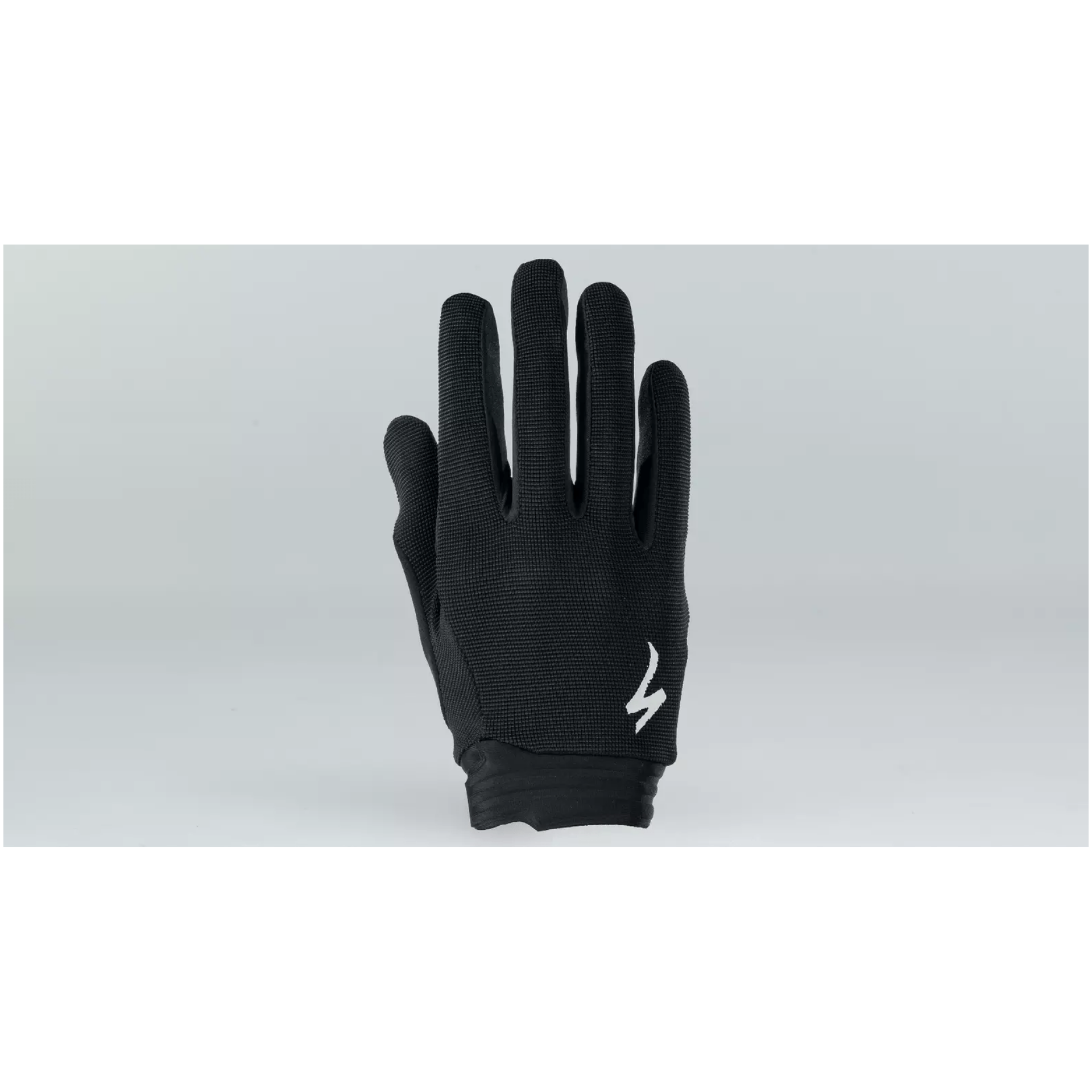 Der TRAIL GLOVE LF WMN, ein schwarzer Vollfingerhandschuh aus einem Online-Fahrradshop, wird mit ausgestreckten Fingern vor einem schlichten grauen Hintergrund dargestellt. Er verfügt über ein kleines weißes Blitzlogo in der Nähe des Handgelenks und ist ideal für Aktivitäten, bei denen Handschutz oder verbesserter Griff erforderlich sind.