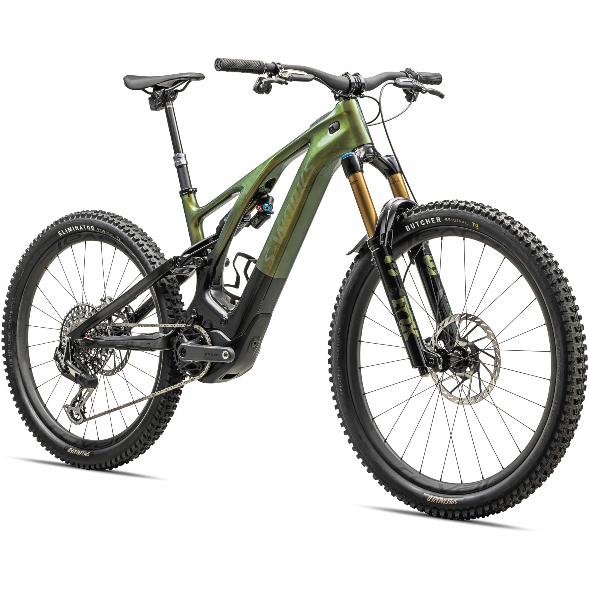 Wir präsentieren das S-Works Turbo Levo G3: ein grün-schwarzes Mountainbike mit dicken, grobstolligen Reifen, das für das Offroad-Radfahren konzipiert ist. Dieses Modell verfügt über eine Vorderradgabel mit Federung, ein Hinterradfederungssystem, Scheibenbremsen und einen robusten Rahmen, der mit wichtigen Komponenten wie Gangschaltung, Kette und Sattel ausgestattet ist. Entdecken Sie das S-Works Turbo Levo G3 in unserem Online-Fahrradshop.