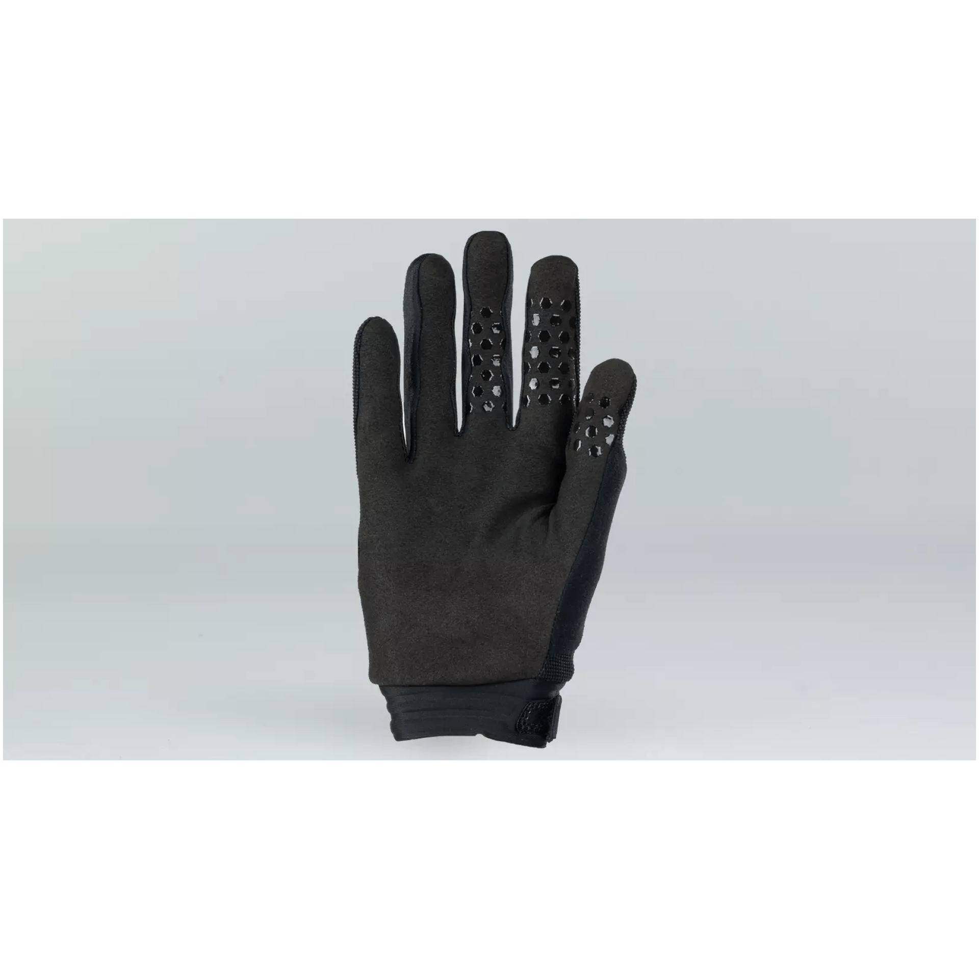 Ein einzelner schwarzer TRAIL GLOVE LF WMN ist vor einem schlichten grauen Hintergrund abgebildet. Der im Online-Shop von Lucas Bike erhältliche Handschuh weist ein strukturiertes Muster mit kleinen Perforationen an Zeige- und Mittelfinger für Luftzirkulation oder Griffigkeit auf. Die Manschette ist leicht elastisch und verfügt über einen kleinen Riemen zur Anpassung.