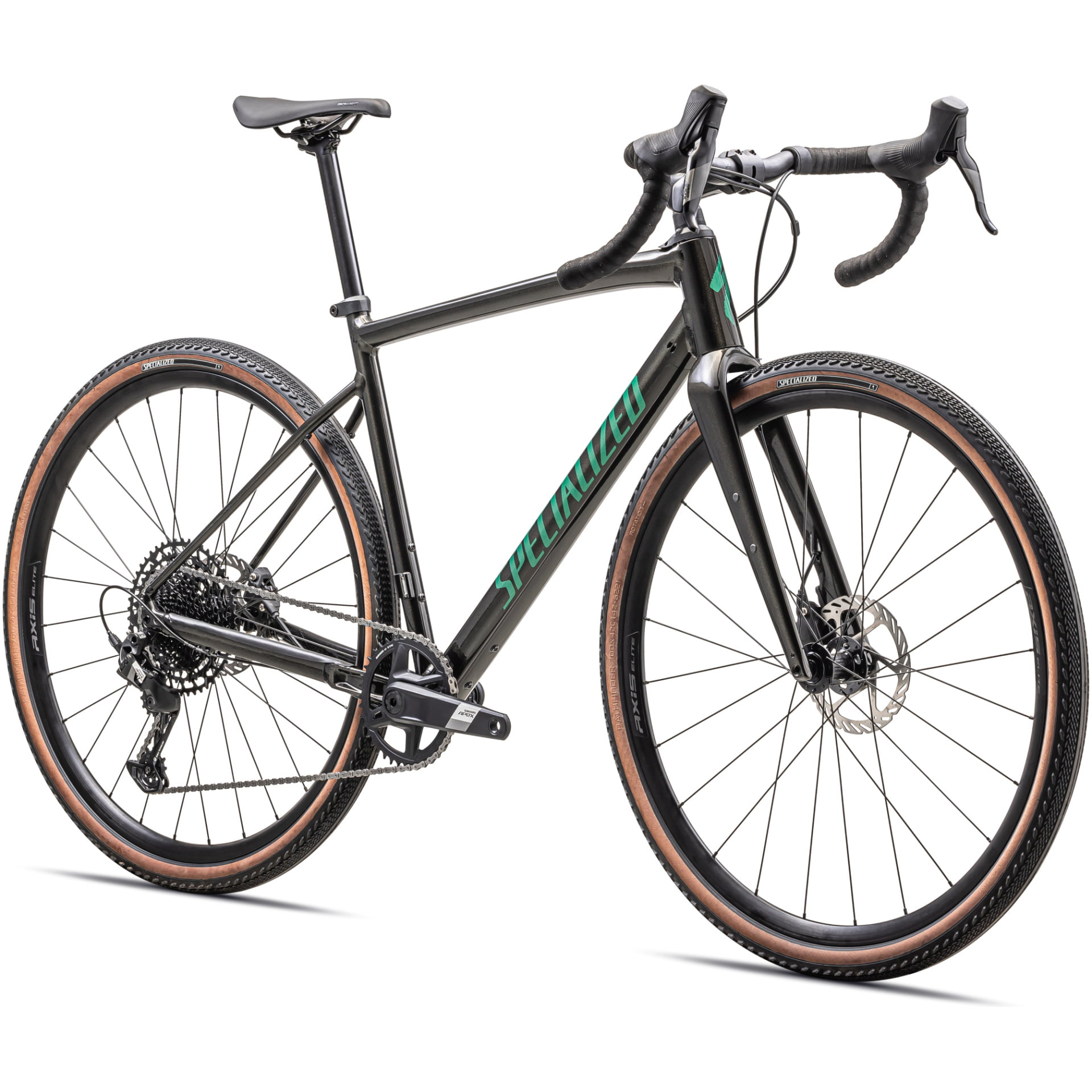 Abgebildet ist ein Specialized Diverge Comp E5-Fahrrad. Es verfügt über dicke, grobstollige Reifen, die perfekt für Offroad-Abenteuer geeignet sind, ergänzt durch Scheibenbremsen, einen leichten Rahmen und Rennlenker, was es zu einem idealen Gravel- oder Cyclocross-Fahrrad macht. Die sichtbare Kette und die Gänge betonen seinen Single-Speed-Antrieb. Entdecken Sie Fahrräder wie dieses in unserem Online-Fahrradshop.