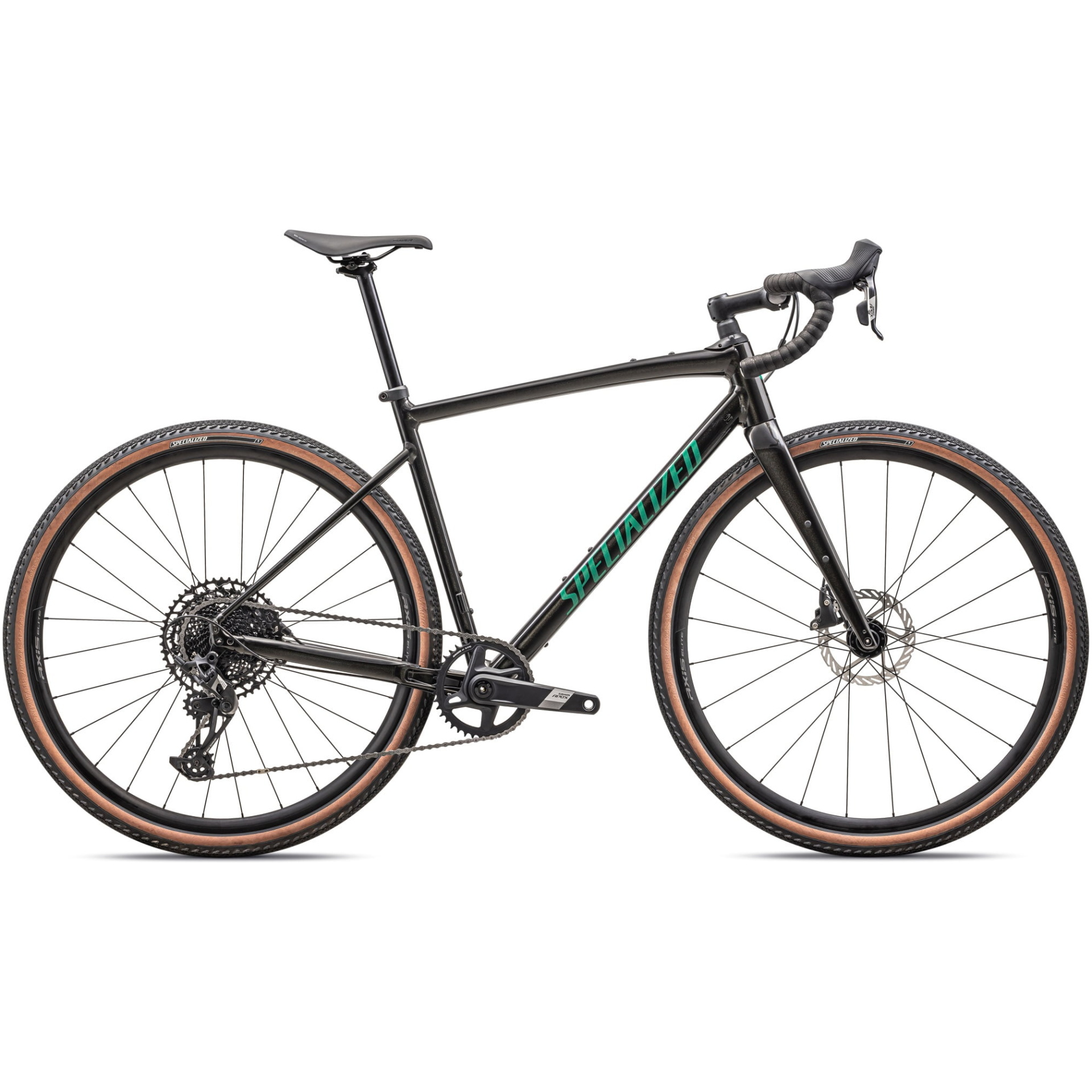 Das Specialized Diverge Comp E5 präsentiert sich in einem eleganten schwarzen Design, mit Rennlenker, Scheibenbremsen und einem dünnen Rahmen. Seine Reifen haben hellbraune Seitenwände, während der Markenname „Specialized“ auf dem Unterrohr grün hervorgehoben ist. Dieses Modell ist in Ihrem Lieblingsfahrradladen erhältlich und verfügt außerdem über einen 1x-Antrieb und einen bequemen Sattel.