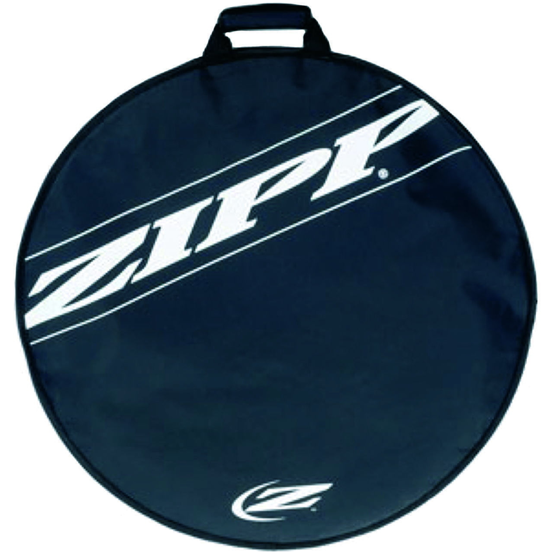 Eine schwarze, runde Tragetasche mit weißem „Zipp“-Logo und darunter einem stilisierten „Z“-Symbol. Die Zipp Laufradtasche Single Soft, erhältlich in Ihrem vertrauenswürdigen Online-Fahrradshop, verfügt über einen oberen Griff zum einfachen Tragen.