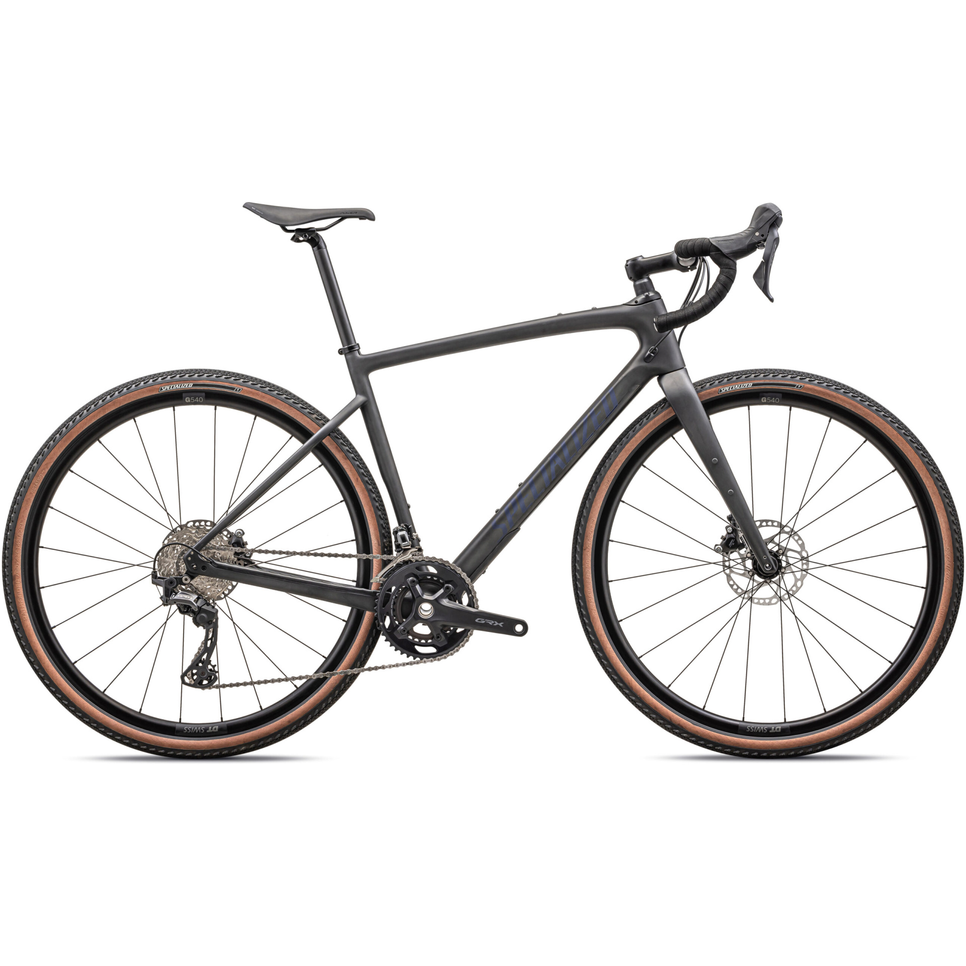 Das Specialized Diverge Sport Carbon ist ein elegantes schwarzes Gravel-Fahrrad mit leichtem Rahmen, Rennlenker, Scheibenbremsen und braunen Reifen. Dieses moderne Design ist in unserem Online-Fahrradshop erhältlich und eignet sich sowohl für asphaltierte Straßen als auch für unwegsames Gelände.