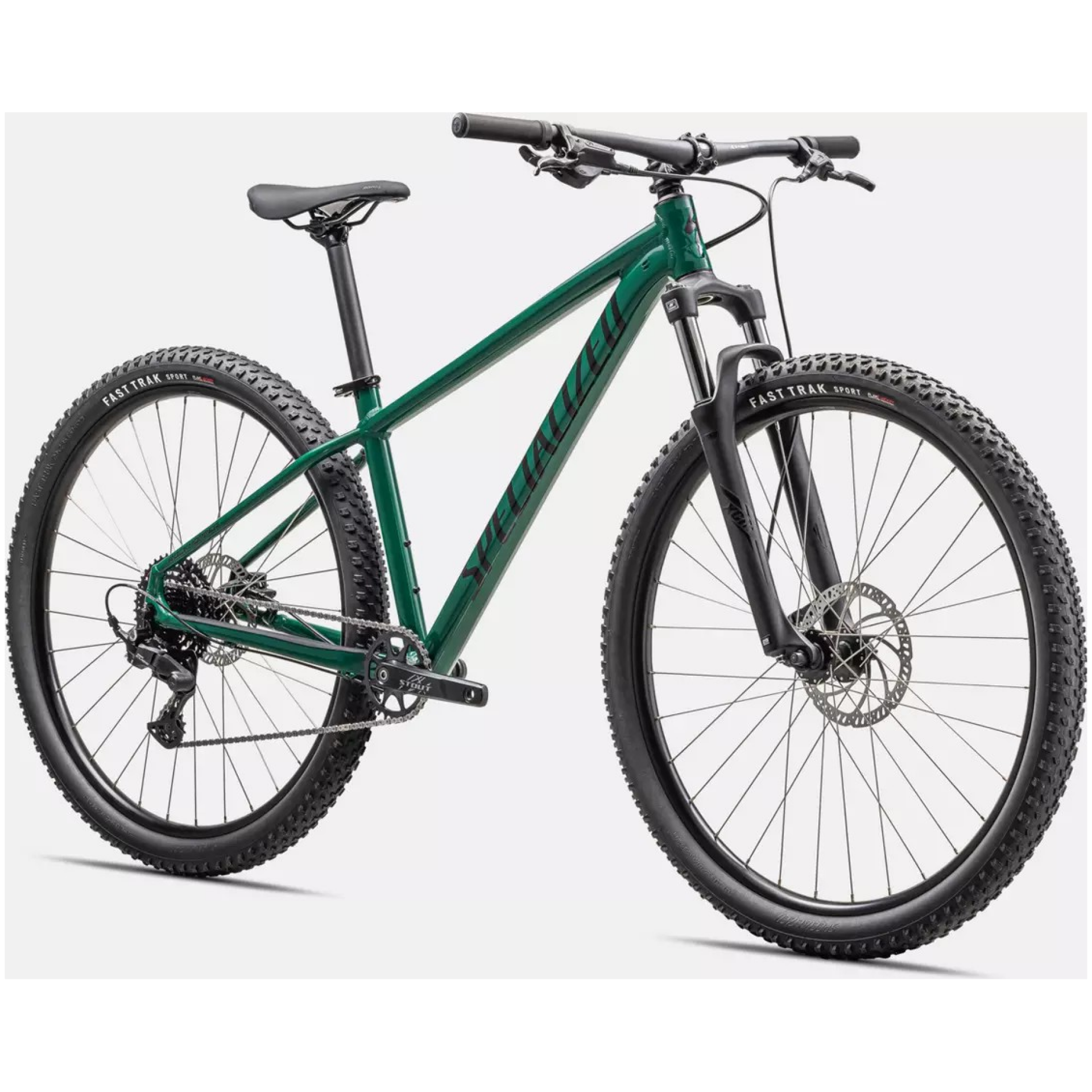 Das Specialized Rockhopper Sport 27.5, ein grünes Hardtail-Mountainbike mit Vorderradfederung, dicken Profilreifen, Scheibenbremsen und einem robusten Rahmen, ist jetzt bei Ihrem bevorzugten Online-Fahrradshop erhältlich. Dieses Fahrrad verfügt außerdem über einen flachen Lenker und einen schwarzen Sattel für Komfort und Kontrolle.