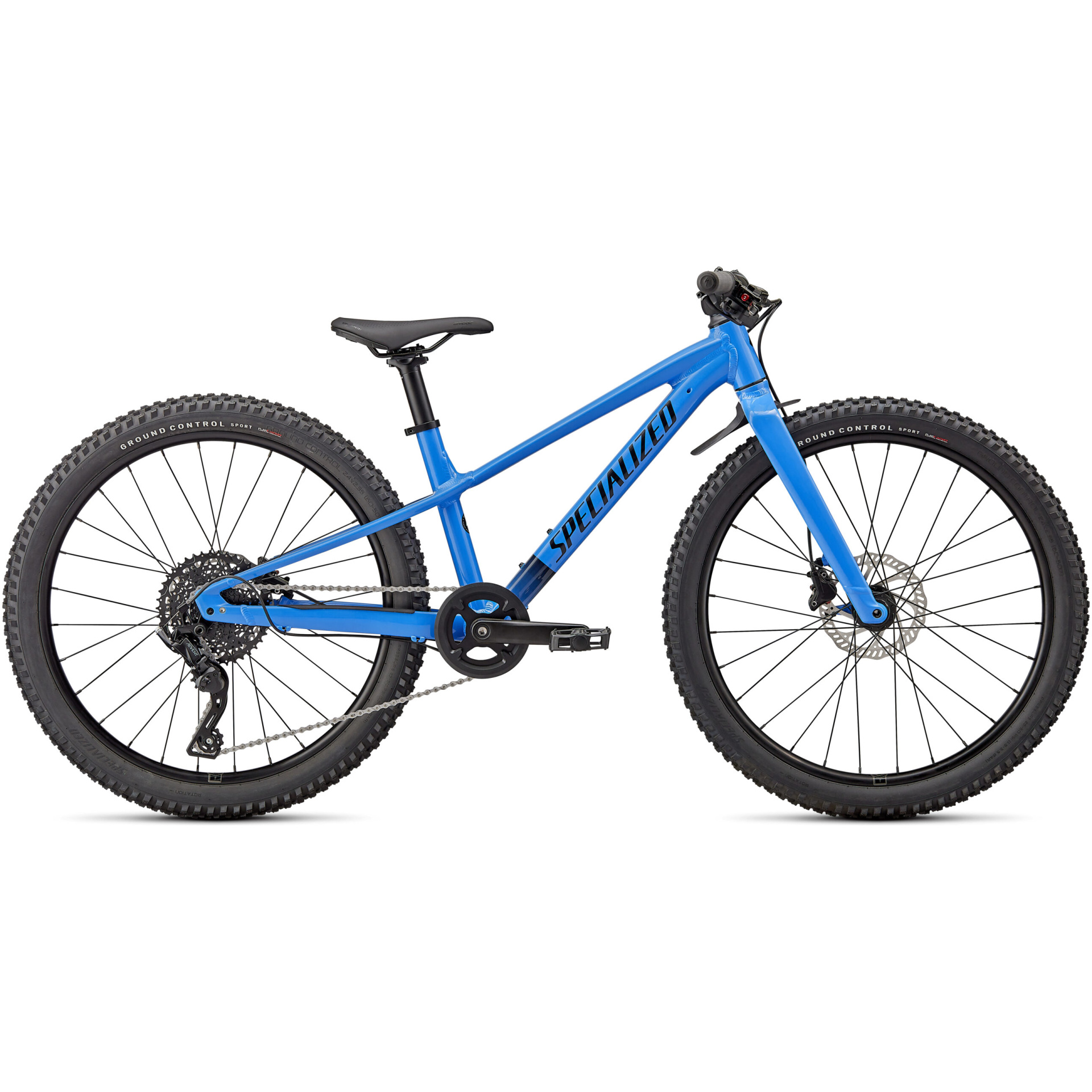 Das Specialized Riprock 24 ist ein leuchtend blaues Jugend-Mountainbike mit stabilem Rahmen, schwarzem Lenker und schwarzem Sattel. Es verfügt über Scheibenbremsen vorne und hinten, eine verstärkte Kette und Stollenreifen für unwegsames Gelände. Der Markenname ist auf der Mittelstange des Rahmens sichtbar. Erhältlich in Ihrem örtlichen Fahrradladen.