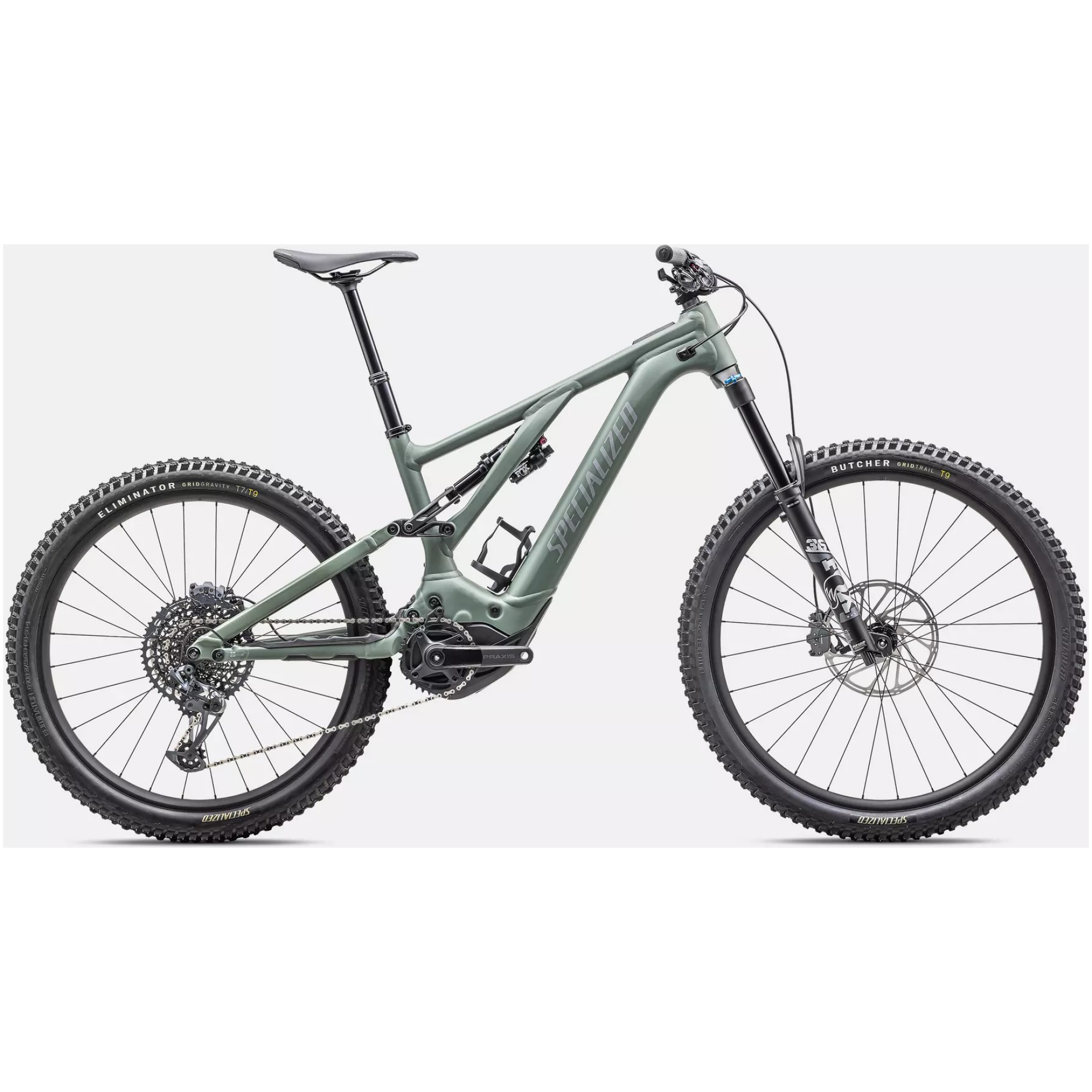 Das Specialized Turbo Levo Comp Alloy ist ein modernes, mattgrünes Mountainbike mit dicken Offroad-Reifen und einem robusten Rahmen. Mit Doppelfederung, breitem Lenker und fortschrittlichen Getriebekomponenten ist dieses Fahrrad perfekt für unwegsames Gelände geeignet. Es steht vor einem schlichten weißen Hintergrund.