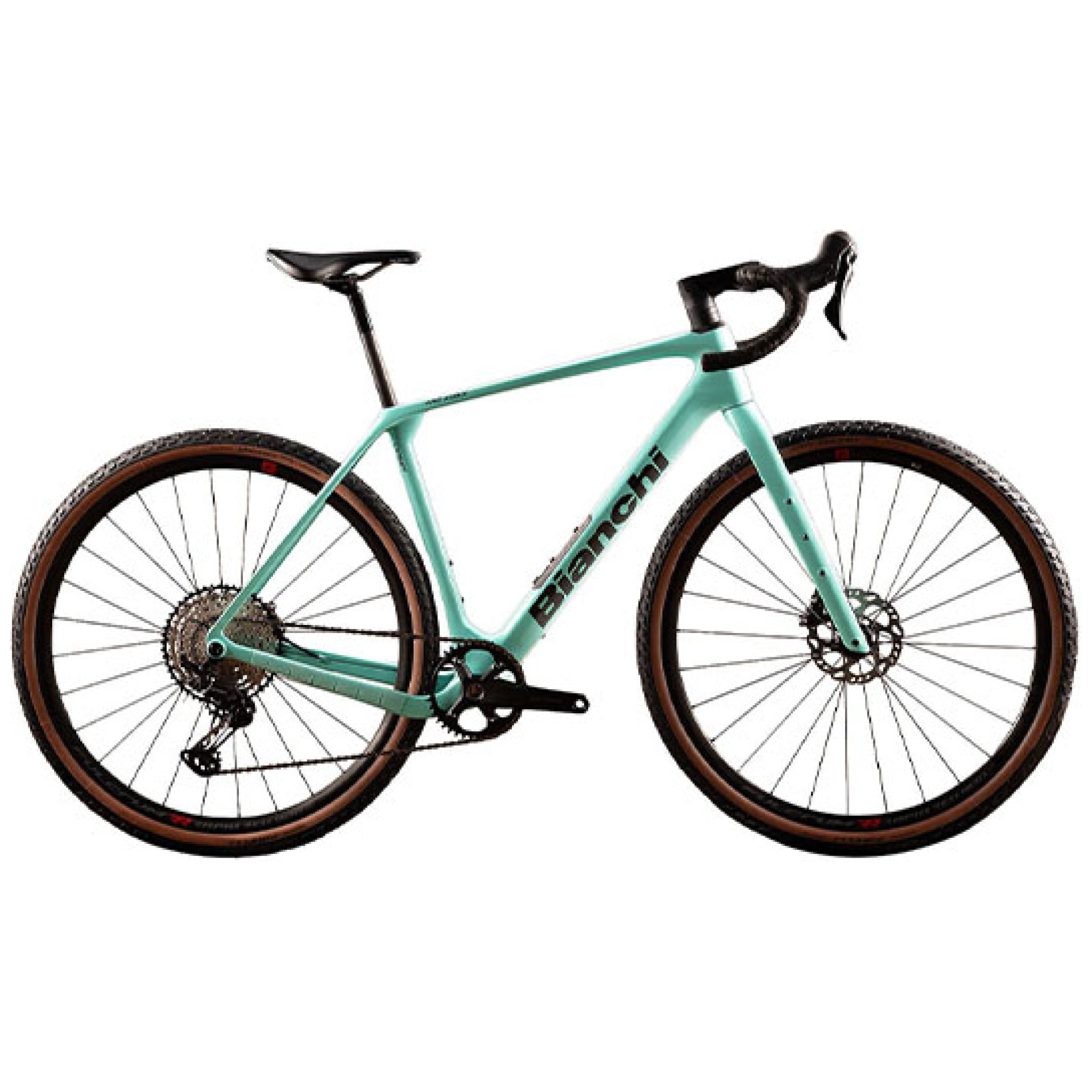 Das Bianchi Arcadex Comp Apex/SX 12S Gravelbike mit seiner blaugrünen Farbe und dem Rennlenker wird vor einem schlichten weißen Hintergrund präsentiert. Das Fahrrad verfügt über Scheibenbremsen und Stollenreifen sowie ein schlankes Design mit einem kompakten Gangsystem und einem sportlichen Sattel. Auf dem Rahmen ist der Markenname „Bianchi“ in schwarzen Buchstaben deutlich zu sehen.