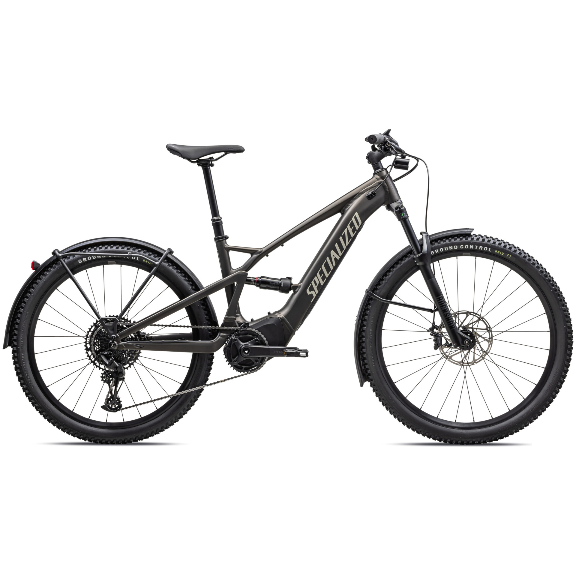 Ein schwarzes Specialized Turbo Tero X 4.0 Elektro-Mountainbike mit dicken Reifen, Vorder- und Hinterradfederung, Scheibenbremsen und einem stabilen Rahmen. Auf dem Rahmen des Fahrrads steht in großen Buchstaben „SPECIALIZED“ und es ist mit einem Motor in der Nähe der Pedale ausgestattet.