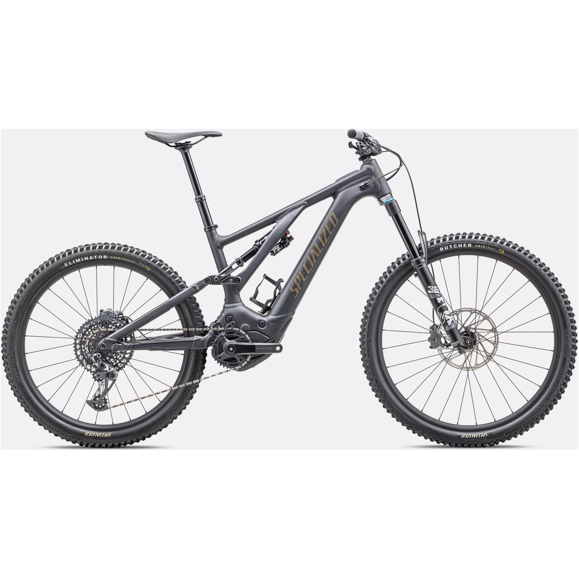 Ein elegantes schwarzes Mountainbike mit großen Reifen, einem robusten Rahmen und einem vollgefederten System. Das Specialized Turbo Levo Comp Alloy trägt den Markennamen „Specialized“ in einem goldenen Farbton auf dem Rahmen. Es verfügt über Scheibenbremsen und einen ausgeklügelten Getriebemechanismus, der für das Radfahren im Gelände entwickelt wurde.