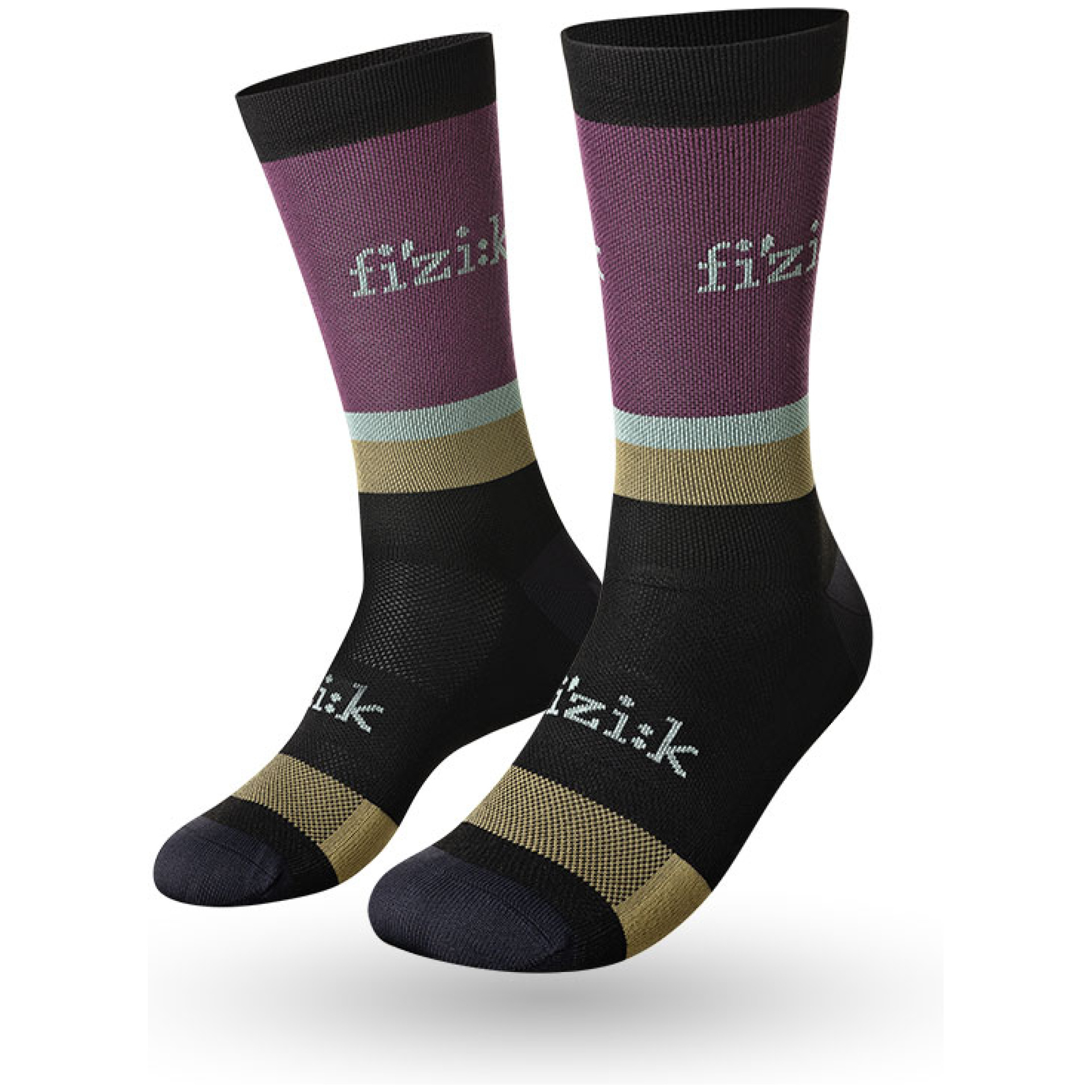 Die FIZIK SOCKEN TEAM-Socken zeichnen sich durch ein auffälliges Design mit markantem Branding und einer Farbblockkombination aus schwarzen, violetten, grauen und beigen Abschnitten aus. Auf einem weißen Hintergrund heben diese zweifarbigen Socken ihr einzigartiges Design und ihre Form perfekt hervor.