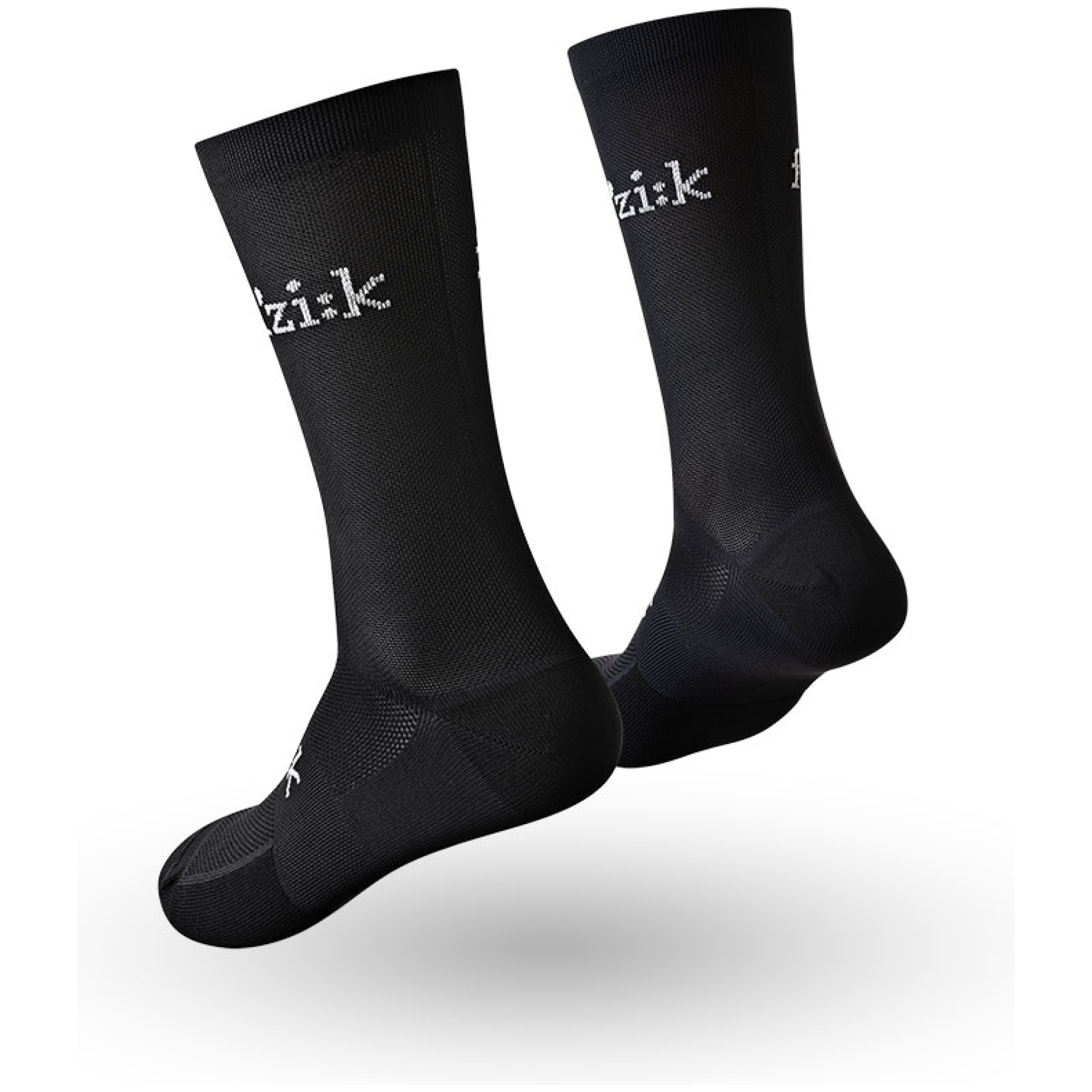 Ein Paar FIZIK SOCKEN RENNRAD in Schwarz mit weißem „Fizik“-Markentext an den Seiten. Diese Radsocken reichen bis zur Mitte der Wade, haben eine glatte Textur und verstärkte Zehen- und Fersenbereiche für verbesserte Haltbarkeit. Sie werden schwebend vor einem schlichten weißen Hintergrund dargestellt.