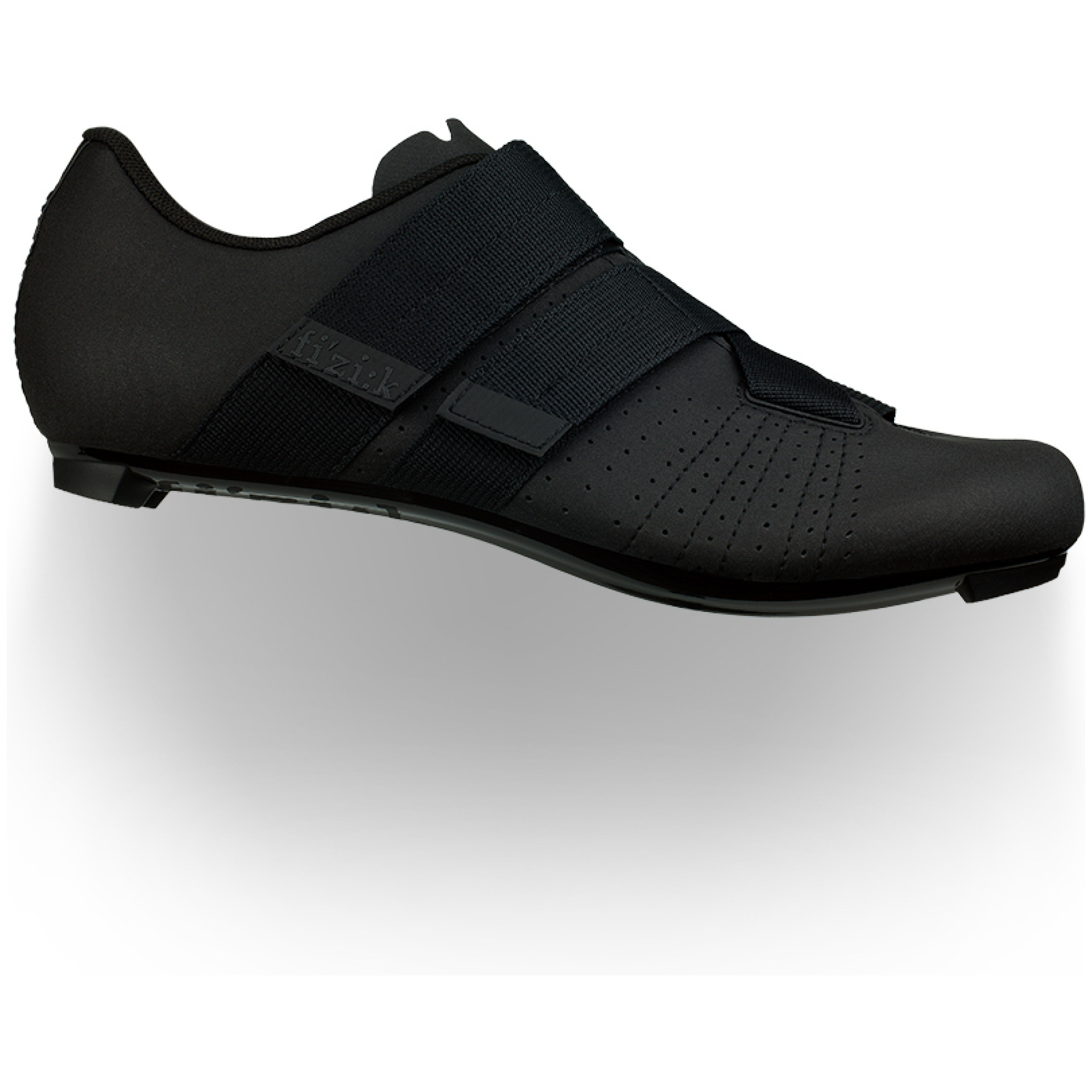 Der FIZIK RENN-SCHUH FIZIK TEMPO R5 PS ist ein eleganter schwarzer Fahrradschuh mit minimalistischem Design. Er verfügt über Perforationen für Atmungsaktivität, einen Klettverschluss für sicheren Sitz und eine stromlinienförmige Form, die ideal für Leistungsradfahren ist. Die Sohle ist leicht gewölbt und für optimale Pedaleffizienz ausgelegt.