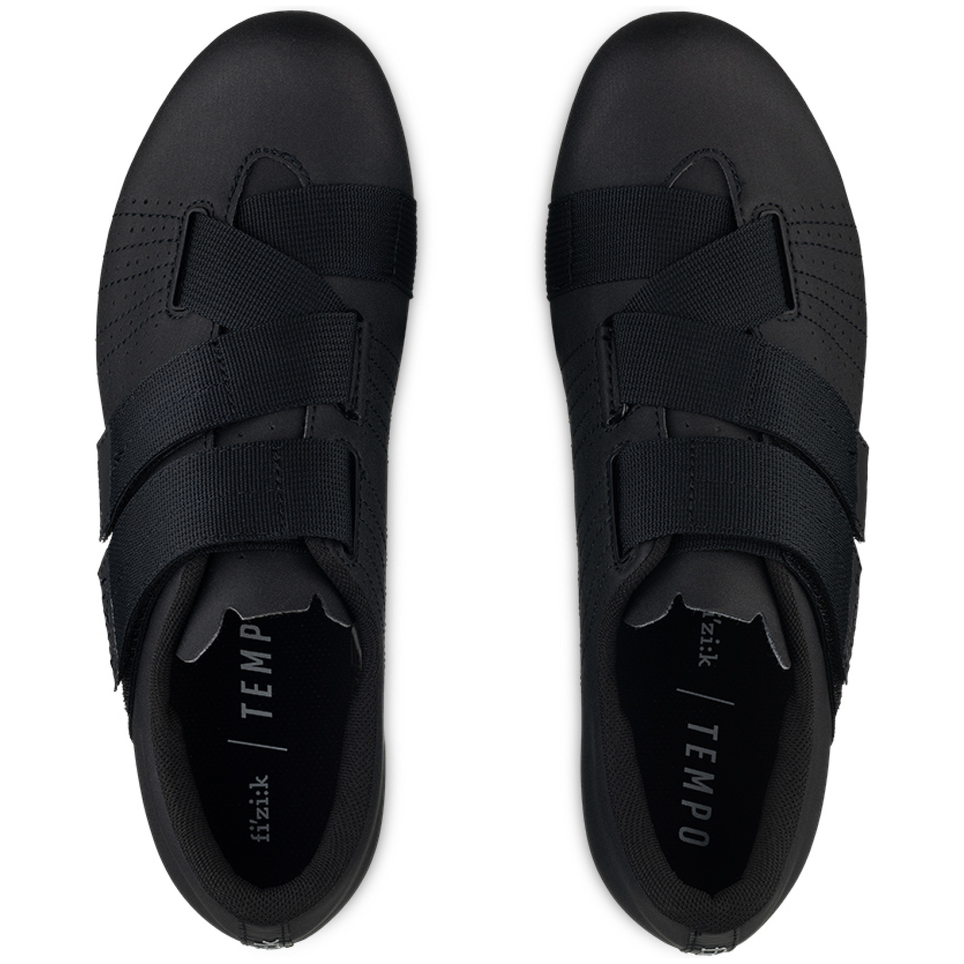 Draufsicht auf ein Paar schwarze FIZIK RENN-SCHUH FIZIK TEMPO R5 PS-Fahrradschuhe mit Klettverschluss. Die Einlegesohlen tragen die Aufschrift „fizik TEMPO“. Das Design ist schlicht und minimalistisch und verfügt über ein sicheres Befestigungssystem für bequemes Fahren.