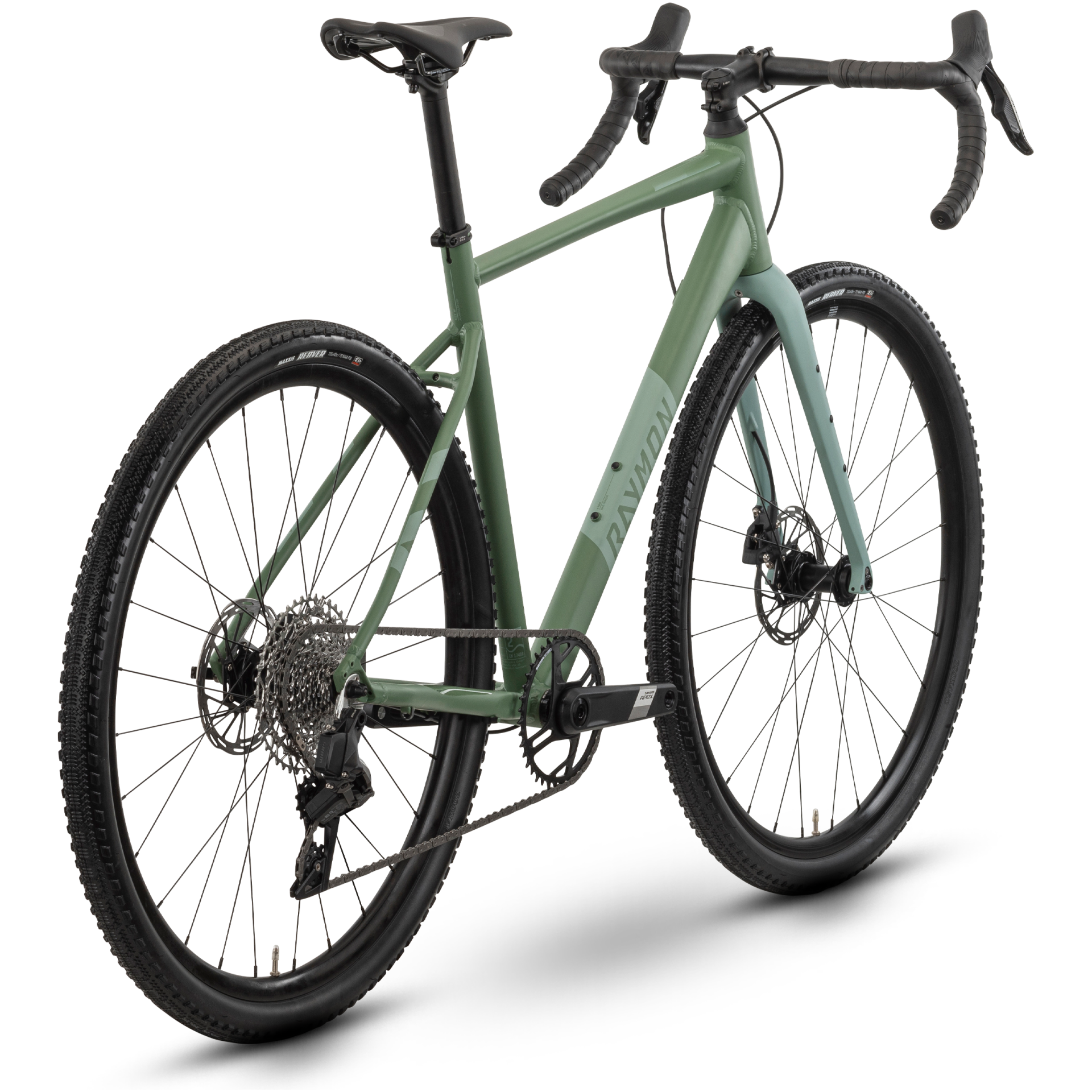 Das Raymon Territ Ultra, ein grünes Gravelbike mit Rennlenker und dicken Stollenreifen, ist von hinten zu sehen. Es verfügt über einen schlanken Designrahmen und ist mit Scheibenbremsen und einer modernen Gangschaltung ausgestattet.