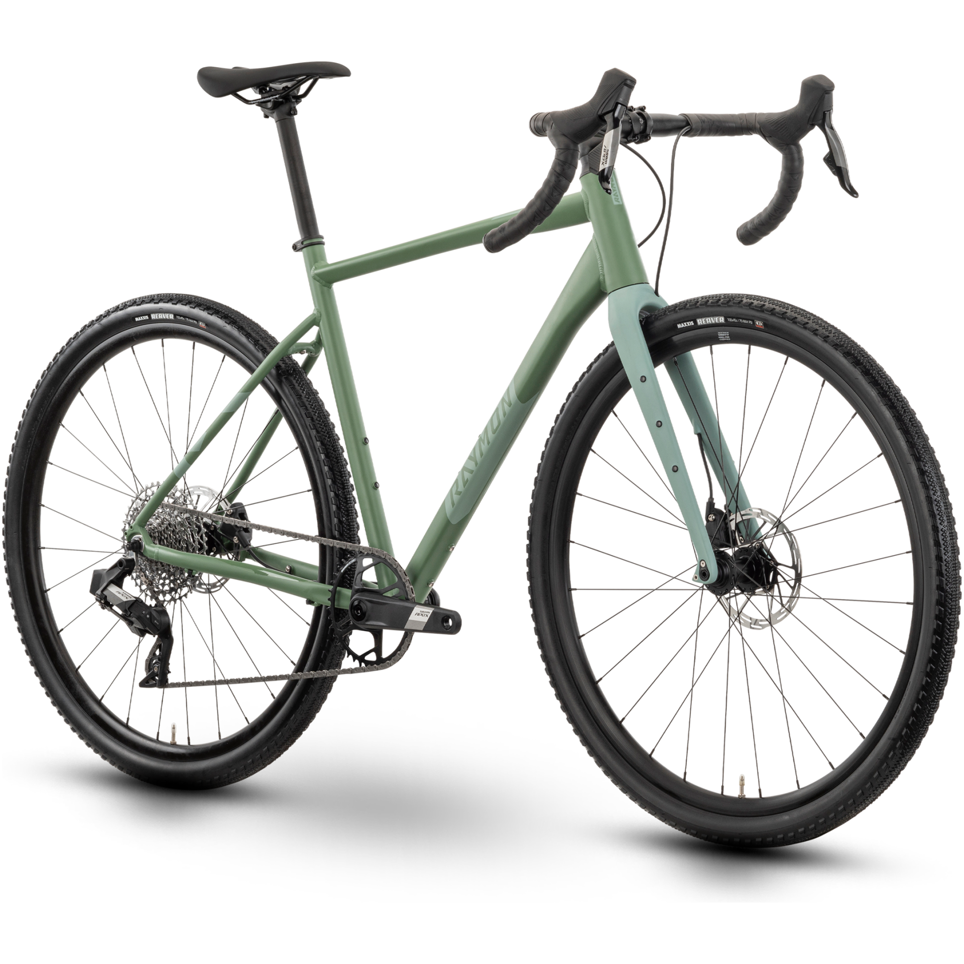 Das Raymon Territ Ultra wird schräg präsentiert und verfügt über einen schlanken, minimalistischen Rahmen, ein grünes Finish, einen Rennlenker, dicke schwarze Offroad-Reifen und Scheibenbremsen – perfekt für vielseitiges Gelände.