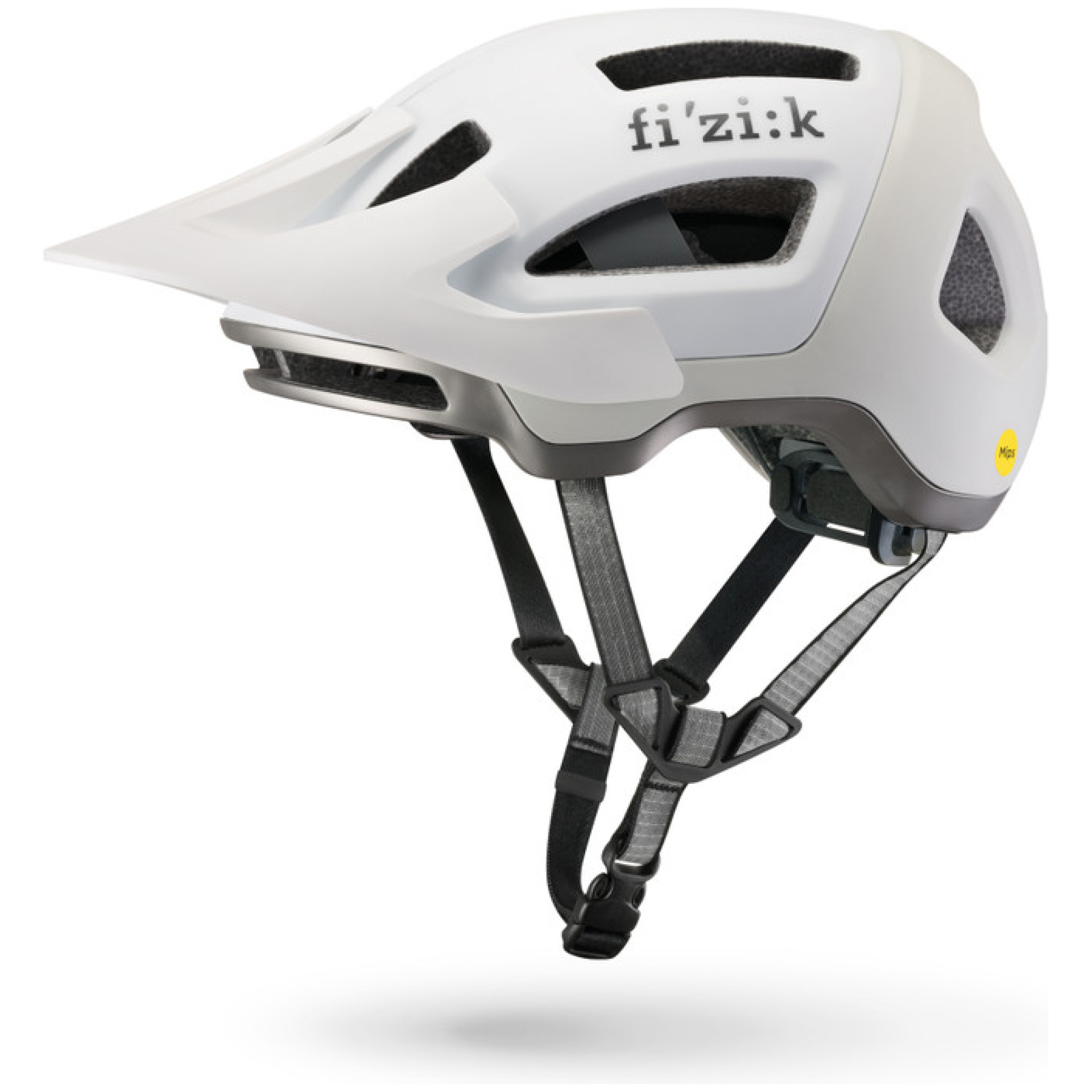 Der FIZIK HELM MTB KASSIS ist ein weißer Fahrradhelm mit Belüftungslöchern, schwarzen Riemen und dem seitlichen „fi’zi:k“-Logo auf schlichtem weißem Hintergrund.