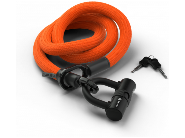 Das tex-lock eyelet U-Lock L ist ein orangefarbenes, geflochtenes Kabelschloss mit einem schwarzen Schließmechanismus, der mit zwei Schlüsseln auf weißem Hintergrund dargestellt ist.
