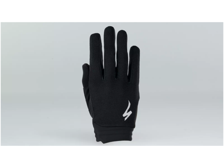 Der TRAIL GLOVE LF MEN ist aufrecht auf einem einfarbigen, hellen Hintergrund abgebildet und trägt ein weißes, stilisiertes Blitz-Logo auf der Rückseite seiner schwarzen Hand.
