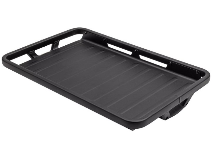 Die Specialized Porto Cargo Base Gepäckplattform ist eine schwarze, rechteckige Dachablage mit erhöhten Rändern und mehreren Befestigungspunkten, die auf Ihrem Fahrzeug als zusätzlicher Stauraum montiert werden kann.