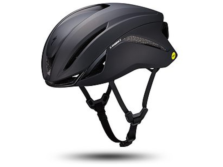 Der SW EVADE 4 HLMT CE MATTE BLK M ist ein eleganter, mattschwarzer Fahrradhelm mit Belüftungsöffnungen und verstellbaren Riemen, der auf weißem Hintergrund mit einem sanften Schatten darunter abgebildet ist.