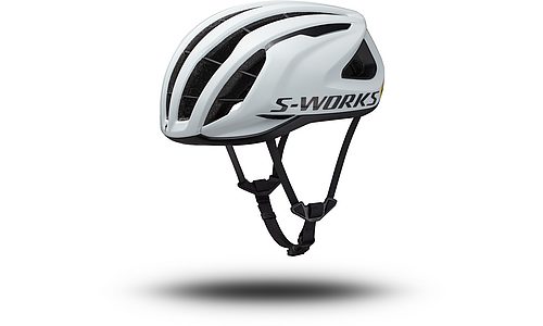 Ein SW PREVAIL 3 HLMT CE WHT/BLK L – ein weißer Helm mit schwarzen Riemen und Belüftungsöffnungen – ist auf weißem Hintergrund abgebildet, unter dem sich ein Schatten abzeichnet.